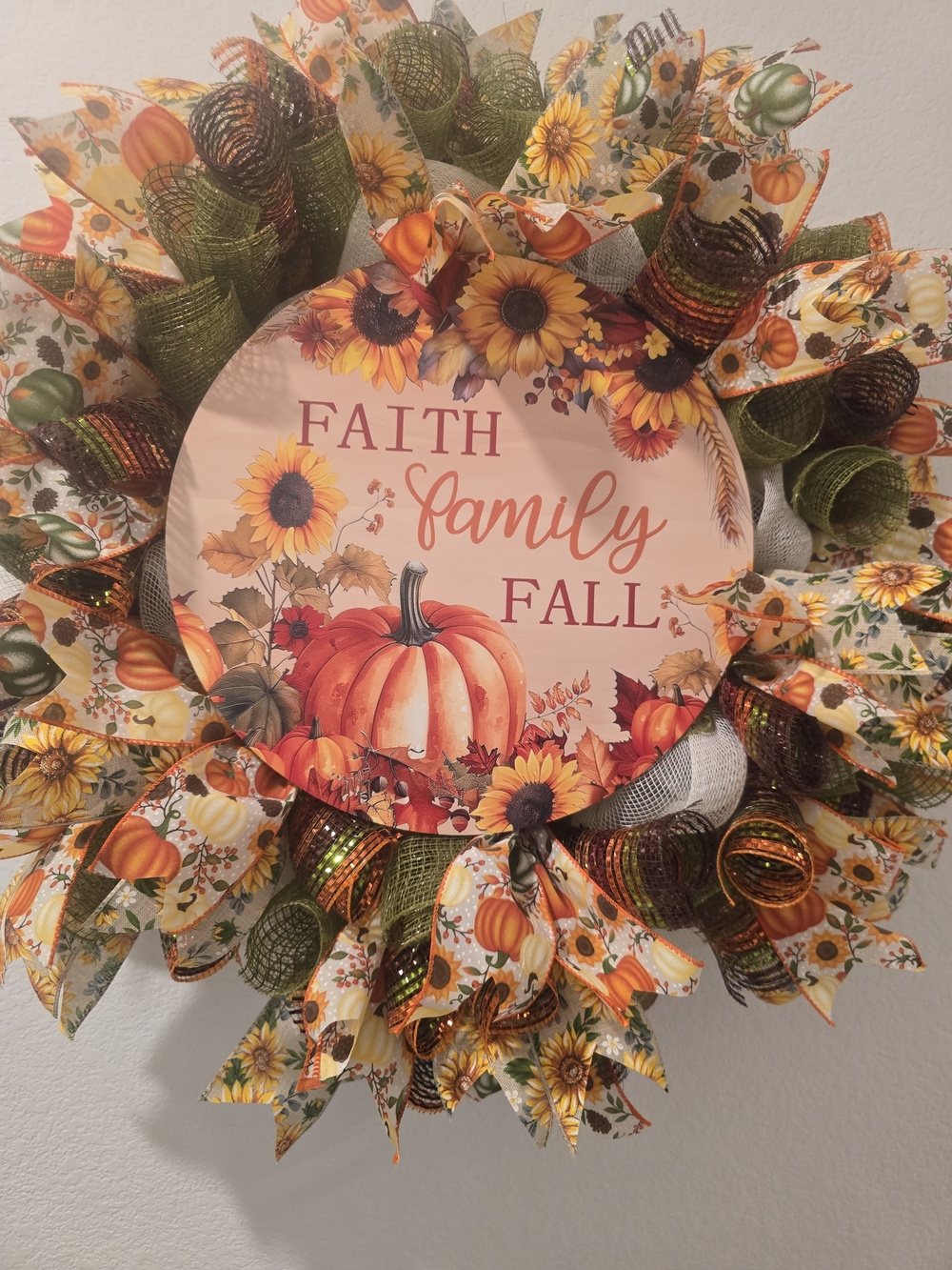W160 -Faith Family Fall Pumpkin & Sunflower WreathHandmade fall wreath featuring